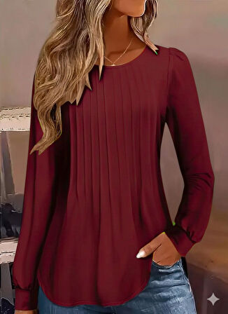 TUA MODA Kadın Uzun Kollu Yuvarlak Yaka Nervürlü Bluz