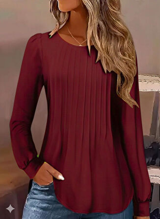 TUA MODA Kadın Uzun Kollu Yuvarlak Yaka Nervürlü Bluz