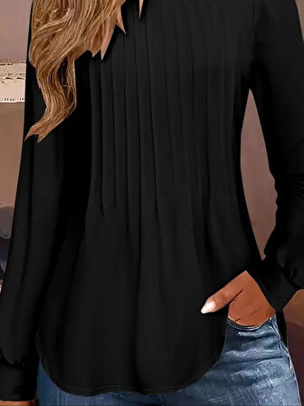 TUA MODA Kadın Uzun Kollu Yuvarlak Yaka Nervürlü Bluz