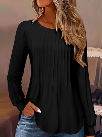 TUA MODA Kadın Uzun Kollu Yuvarlak Yaka Nervürlü Bluz