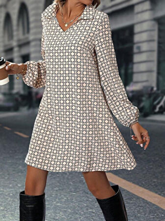 TUA MODA Kadın Uzun Kollu Yakalı Desenli Mini Modal Elbise
