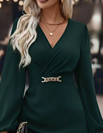 TUA MODA Kadın Uzun Kollu Kruvaze Yaka Yandan Büzgülü Asimetrik Detaylı Ithal Krep Mini Elbise