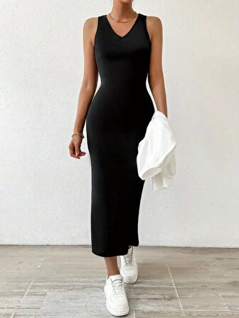 TUA MODA Kadın Askılı Yuvarlak Yaka Viskon Iki Iplik Elbise Ve V Yakalı Bluz Ikili Takım