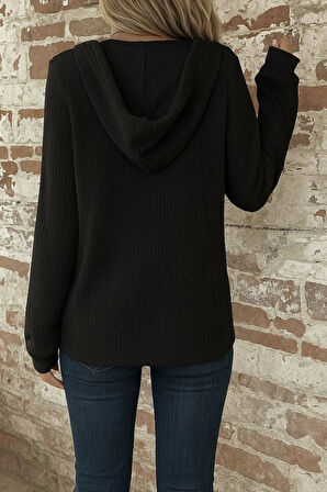 TUA MODA Kadın Uzun Kollu Kapşonlu önü Düğmeli Ve Bağcıklı Waffle Bluz