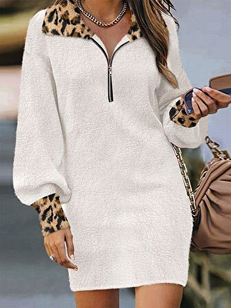 TUA MODA Kadın Uzun Kollu Yakalı önden Fermuarlı Leopar Detaylı Mini Peluş Elbise