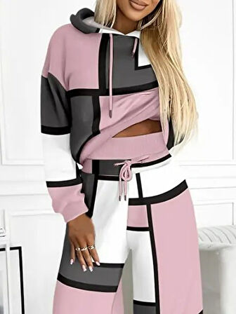 TUA MODA Kadın Uzun Kollu Kapşonlu Bağcıklı Desenli Iki Iplik Bluz Ve Pantolon Ikili Takım