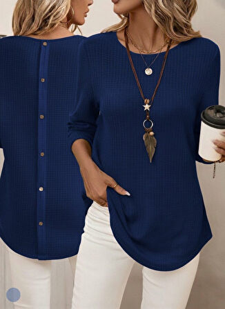 TUA MODA Kadın Uzun Kollu Yuvarlak Yaka Arkadan Düğmeli Waffle Bluz