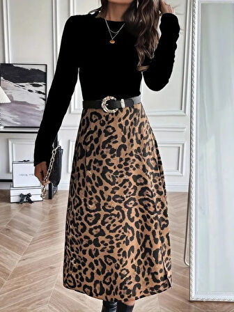 TUA MODA Kadın Uzun Kollu Bisiklet Yaka Ithal Krep Bluz Alt Desenli Modal Midi Elbise