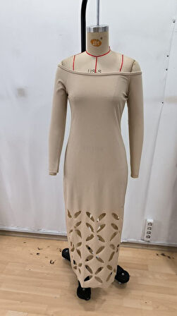 TUA MODA Kadın Madonna Yaka Uzun Kollu Lazer çiçek Kesim Detaylı Uzun Ithal Krep Elbise