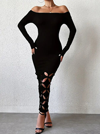 TUA MODA Kadın Madonna Yaka Uzun Kollu Lazer çiçek Kesim Detaylı Uzun Ithal Krep Elbise