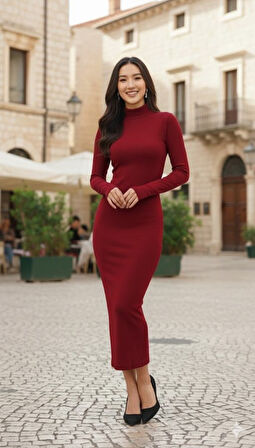 TUA MODA Kadın Uzun Kollu Balıkçı Yaka Midi Boy Elbise