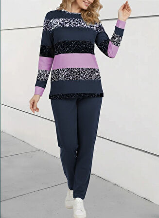 TUA MODA Kadın Uzun Kollu Bisiklet Yaka çizgili Desen Iki Iplik Bluz Ve Pantolon Ikili Takım