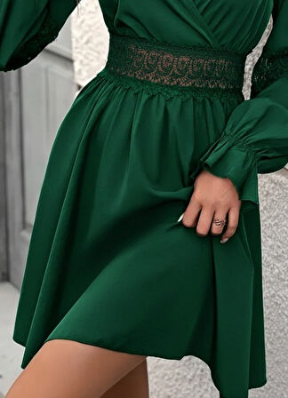 TUA MODA Kadın Uzun Kollu Kruvaze Yakalı Dantelli Fermuar Detaylı Mini Ithal Krep Elbise