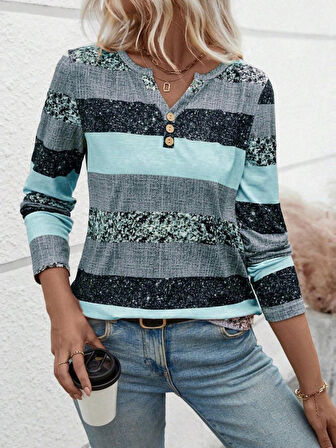 TUA MODA Kadın Uzun Kollu Yakadan Düğmeli çizgili Desenli Süprem Bluz