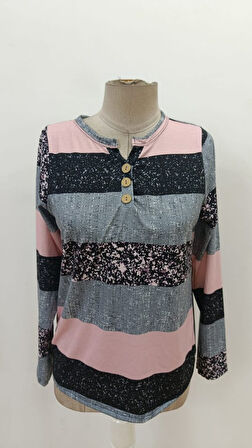 TUA MODA Kadın Uzun Kollu Yakadan Düğmeli çizgili Desenli Süprem Bluz 