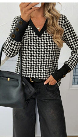 TUA MODA Kadın Uzun Kollu V Yakalı Desenli Süprem Bluz