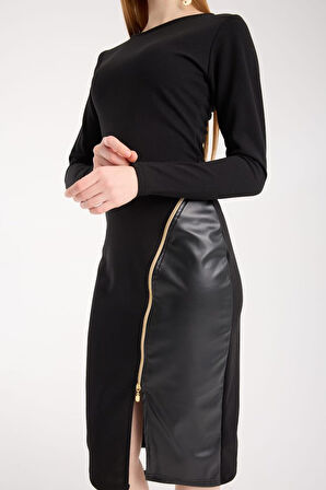 TUA MODA Kadın Bisiklet Yaka Uzun Kollu Deri Ve Fermuar Detay Mini Yırtmaçlı Elbise