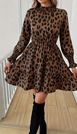 TUA MODA Kadın Uzun Kollu Yarı Balıkçı Yaka Leopar Desenli Modal Mini Elbise