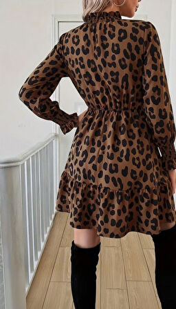 TUA MODA Kadın Uzun Kollu Yarı Balıkçı Yaka Leopar Desenli Modal Mini Elbise