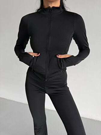 TUA MODA Kadın Balıkçı Yaka Cep Detaylı Ceket Ve Ispanyol Paça Spor Ikili Takım