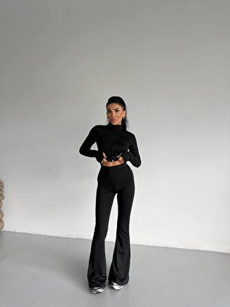 TUA MODA Kadın Balıkçı Yaka Cep Detaylı Ceket Ve Ispanyol Paça Spor Ikili Takım