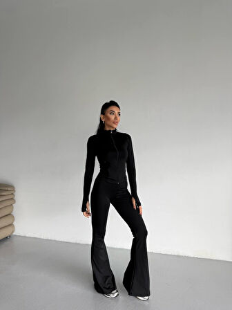 TUA MODA Kadın Balıkçı Yaka Cep Detaylı Ceket Ve Ispanyol Paça Spor Ikili Takım