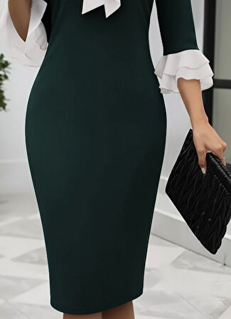 TUA MODA Kadın Truvakar Kollu Fiyonk Yakalı Midi Ithal Krep Elbise