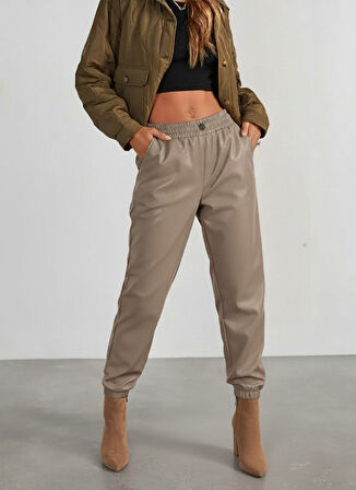 TUA MODA Kadın Yüksek Bel Lastikli önü Düğmeli Deri Pantolon