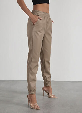 TUA MODA Kadın Yüksek Bel Lastikli önü Düğmeli Deri Pantolon