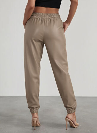 TUA MODA Kadın Yüksek Bel Lastikli önü Düğmeli Deri Pantolon