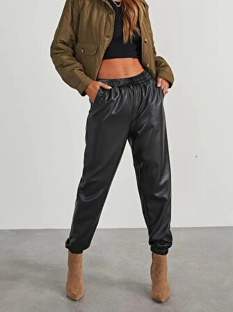 TUA MODA Kadın Yüksek Bel Lastikli önü Düğmeli Deri Pantolon