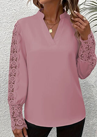 TUA MODA Kadın Uzun Kollu Hakim Yaka Kolları Dantel Detaylı Ithal Krep Bluz