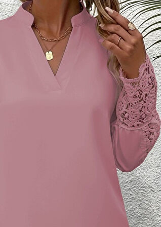 TUA MODA Kadın Uzun Kollu Hakim Yaka Kolları Dantel Detaylı Ithal Krep Bluz