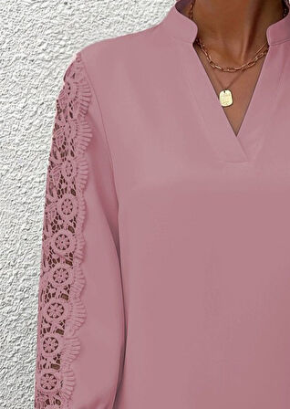 TUA MODA Kadın Uzun Kollu Hakim Yaka Kolları Dantel Detaylı Ithal Krep Bluz
