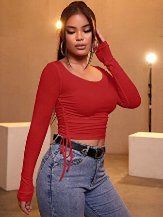 TUA MODA Kadın Kırmızı Kaşkorse Kumaş Bluz