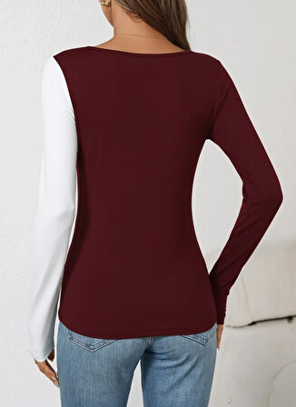 TUA MODA Kadın Uzun Kollu Geometrik Yaka Detaylı çift Renkli Viskon Bluz