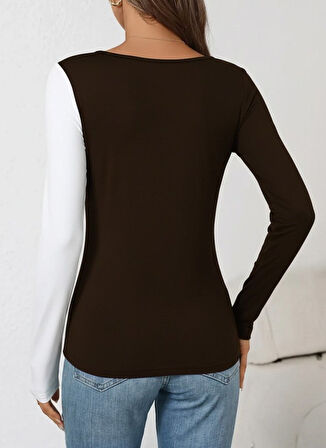 TUA MODA Kadın Uzun Kollu Geometrik Yaka Detaylı çift Renkli Viskon Bluz