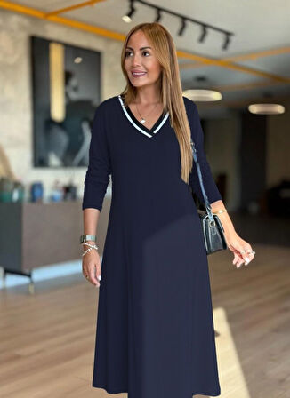 TUA MODA Kadın Uzun Kollu V Yakalı Midi Modal Elbise