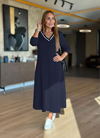 TUA MODA Kadın Uzun Kollu V Yakalı Midi Modal Elbise