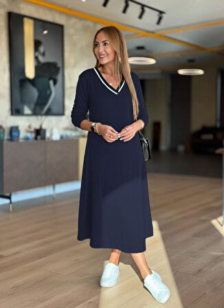 TUA MODA Kadın Uzun Kollu V Yakalı Midi Modal Elbise
