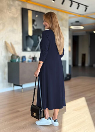 TUA MODA Kadın Uzun Kollu V Yakalı Midi Modal Elbise