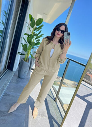 TUA MODA Kadın Uzun Kollu önden Fermuarlı Modal Ceket Ve Pantolon Ikili Takım