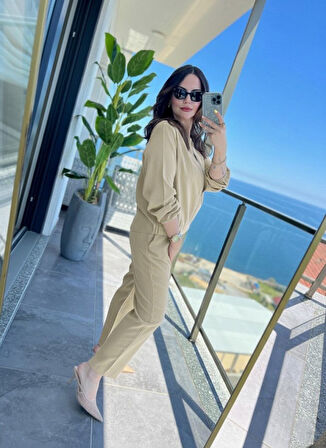 TUA MODA Kadın Uzun Kollu önden Fermuarlı Modal Ceket Ve Pantolon Ikili Takım