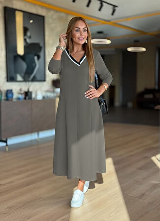 TUA MODA Kadın Uzun Kollu V Yakalı Midi çağla Yeşili Modal Elbise