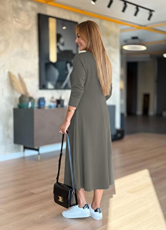 TUA MODA Kadın Uzun Kollu V Yakalı Midi çağla Yeşili Modal Elbise