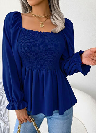 TUA MODA Kadın Uzun Kollu Geometrik Yakalı Gipe Detaylı Krep Bluz