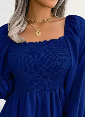 TUA MODA Kadın Uzun Kollu Geometrik Yakalı Gipe Detaylı Krep Bluz