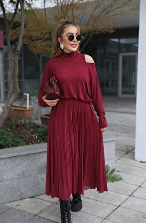 TUA MODA Kadın Triko Plise Ve Tül Detay Iki Parça Elbise