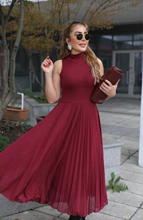 TUA MODA Kadın Triko Plise Ve Tül Detay Iki Parça Elbise