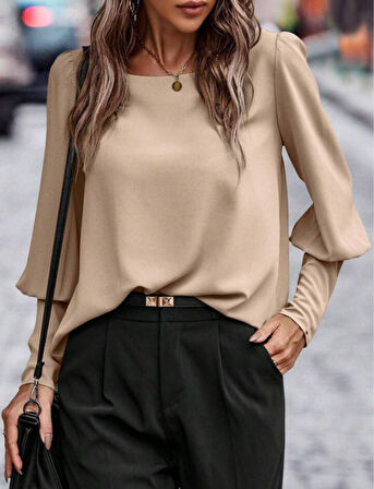 TUA MODA Kadın Uzun Kollu Yuvarlak Yakalı Düğmeli Ithal Krep Bluz